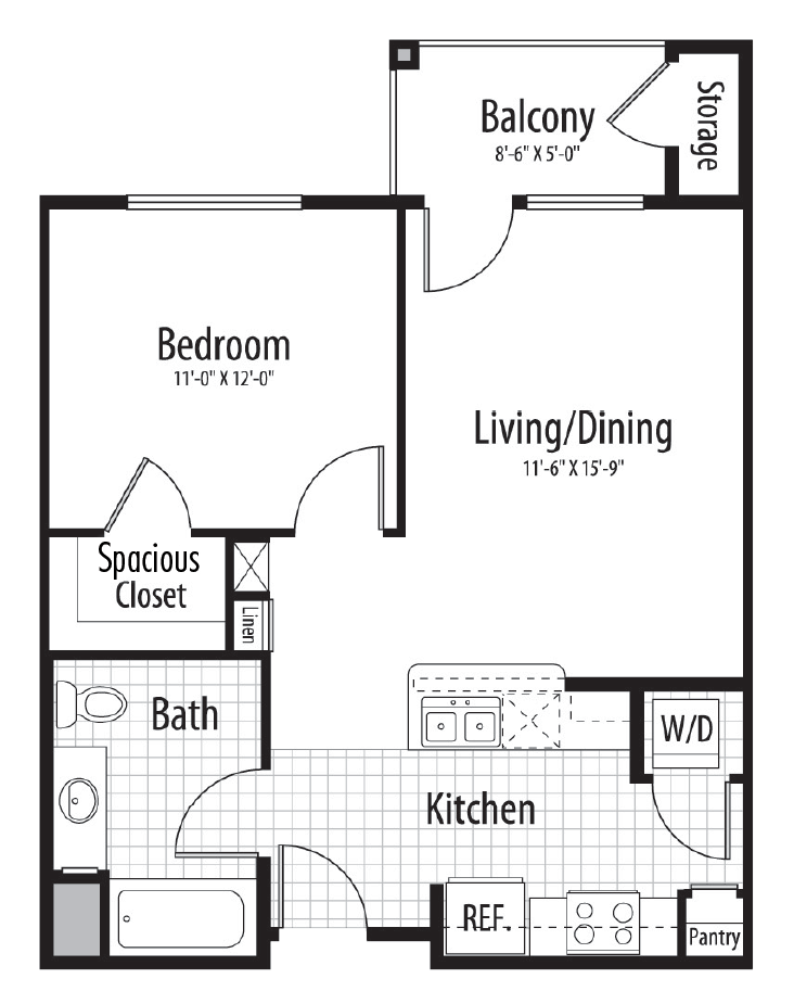 Floor plan for 1 bed, 1 bath, 609 sqft